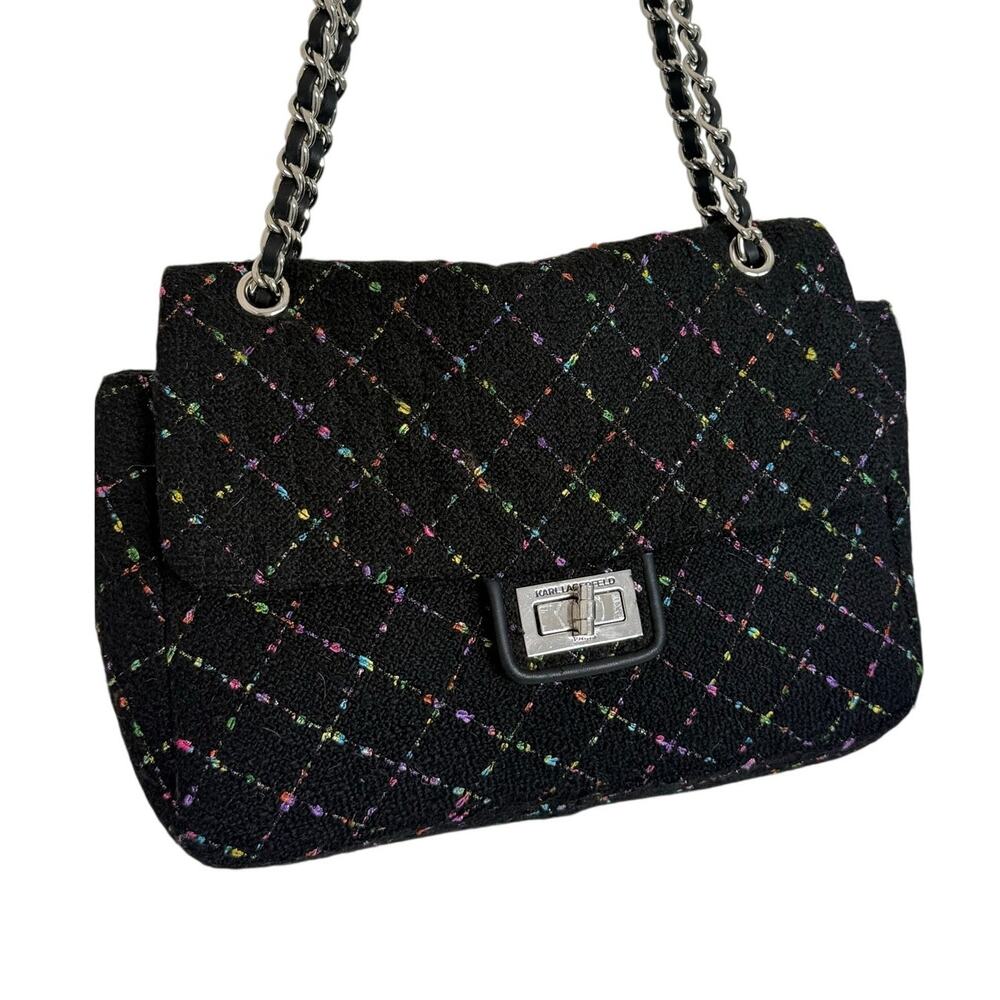 Karl Lagerfeld Agyness Boucle Tweed Shoulder Bag Black Multicolor